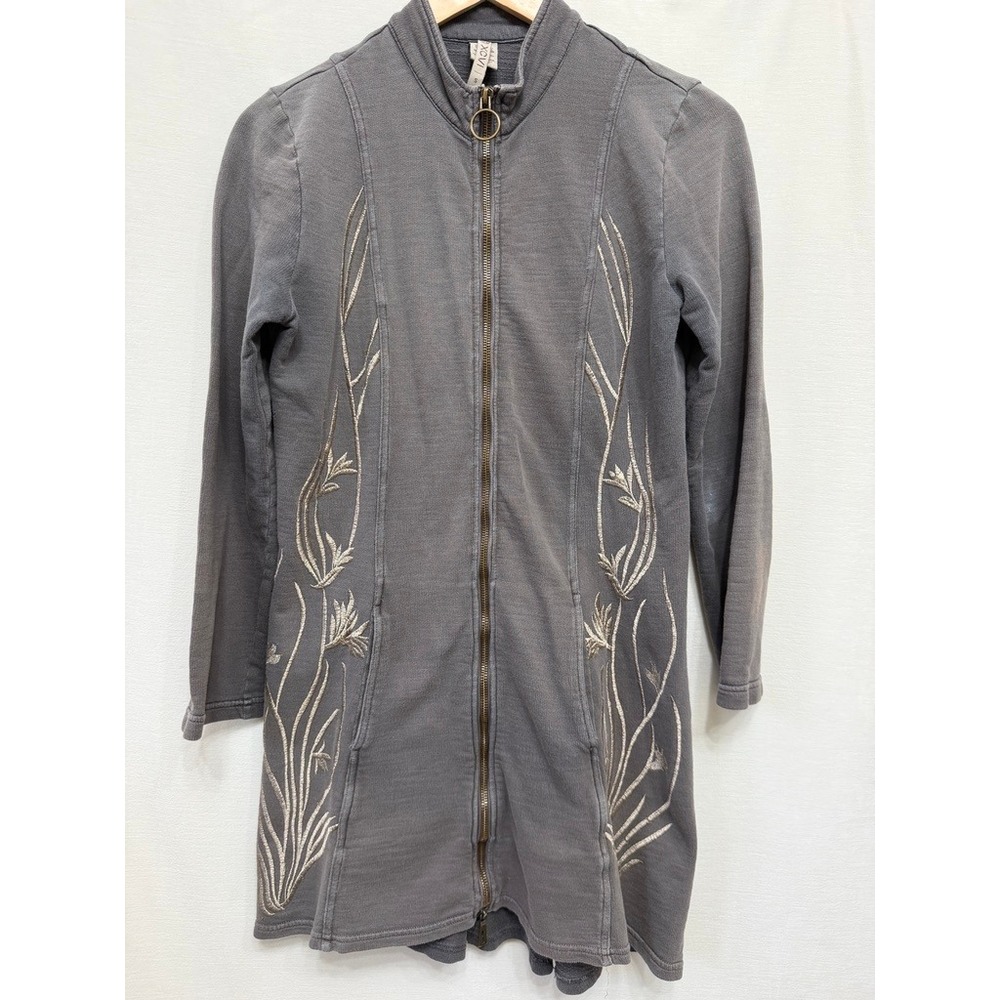 XCVI Gray Embroidered Floral Full Zip Longline Jacket Size Small #13618